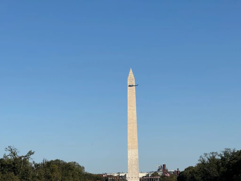 Washington monument, with a Police helicopter that went on doing maneuvers for hours