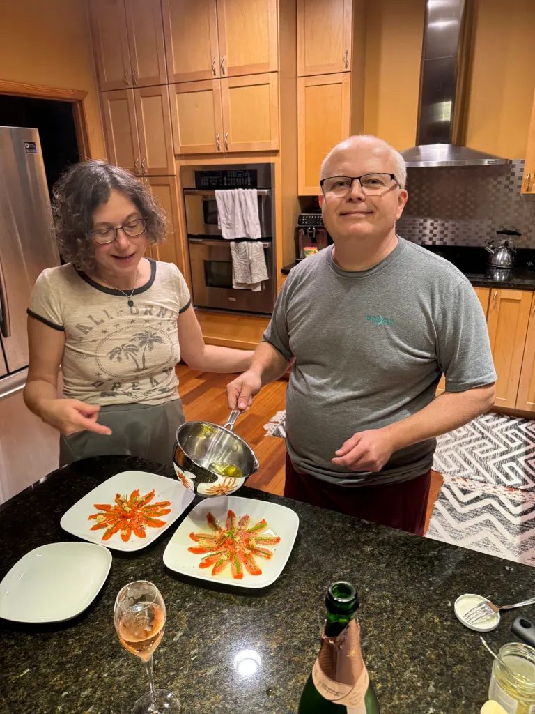 Radu making a Japanese specialty the name I forgot. It was yummy!
